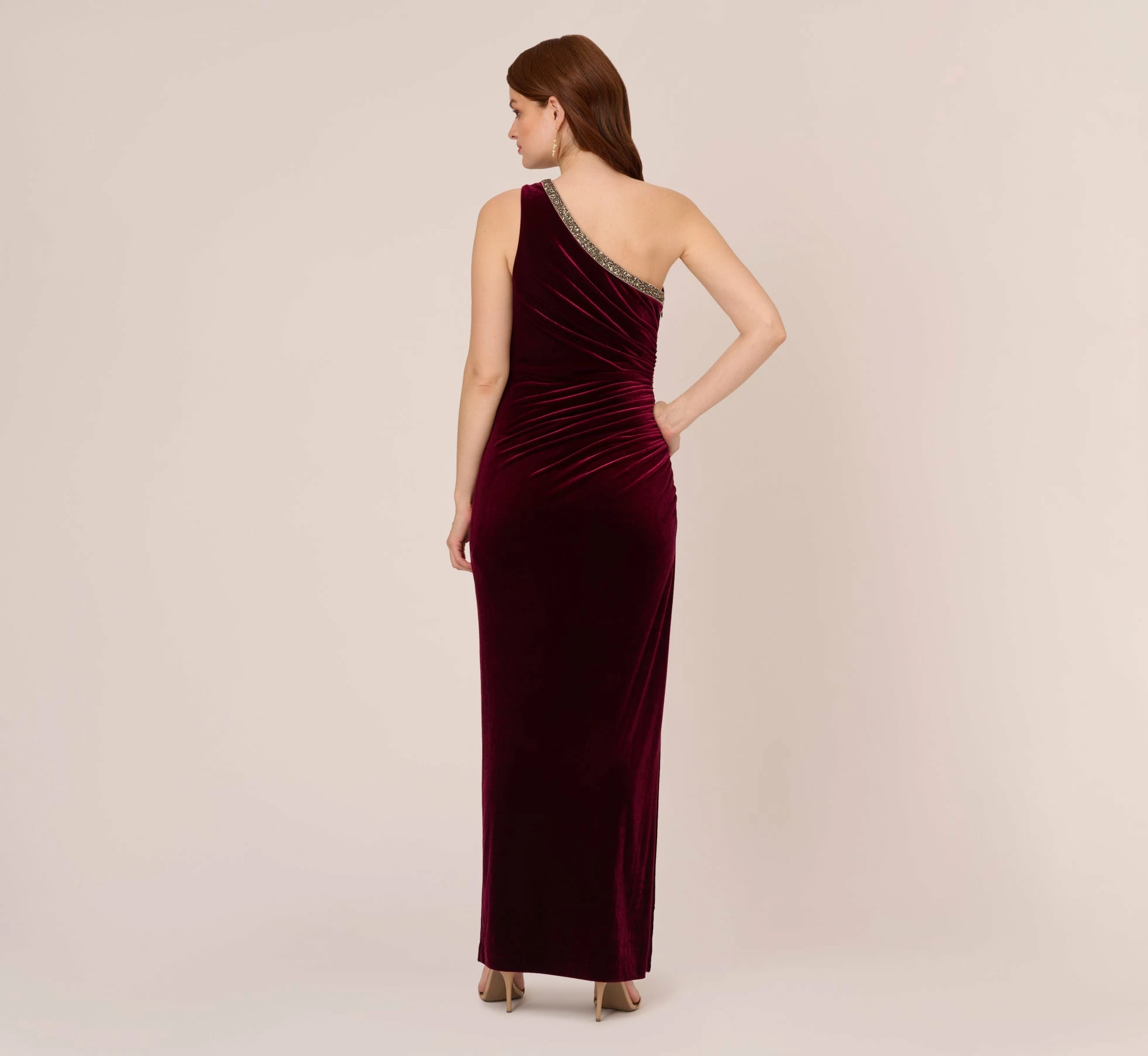 Adrianna Papell Velvet One Shoulder Gown With Beaded Neckline In Burgundy 4 Adrianna Papell Velvet One Shoulder Gown With Beaded Neckline In Burgundy - Image 4