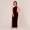 Adrianna Papell Velvet One Shoulder Gown With Beaded Neckline In Burgundy