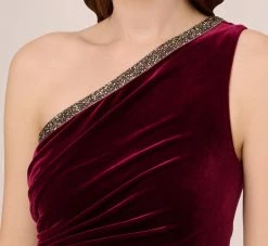 Adrianna Papell Velvet One Shoulder Gown With Beaded Neckline In Burgundy 8 Adrianna Papell Velvet One Shoulder Gown With Beaded Neckline In Burgundy -Adrianna Papell Shop AP1E209998 AC506 Regular Detail