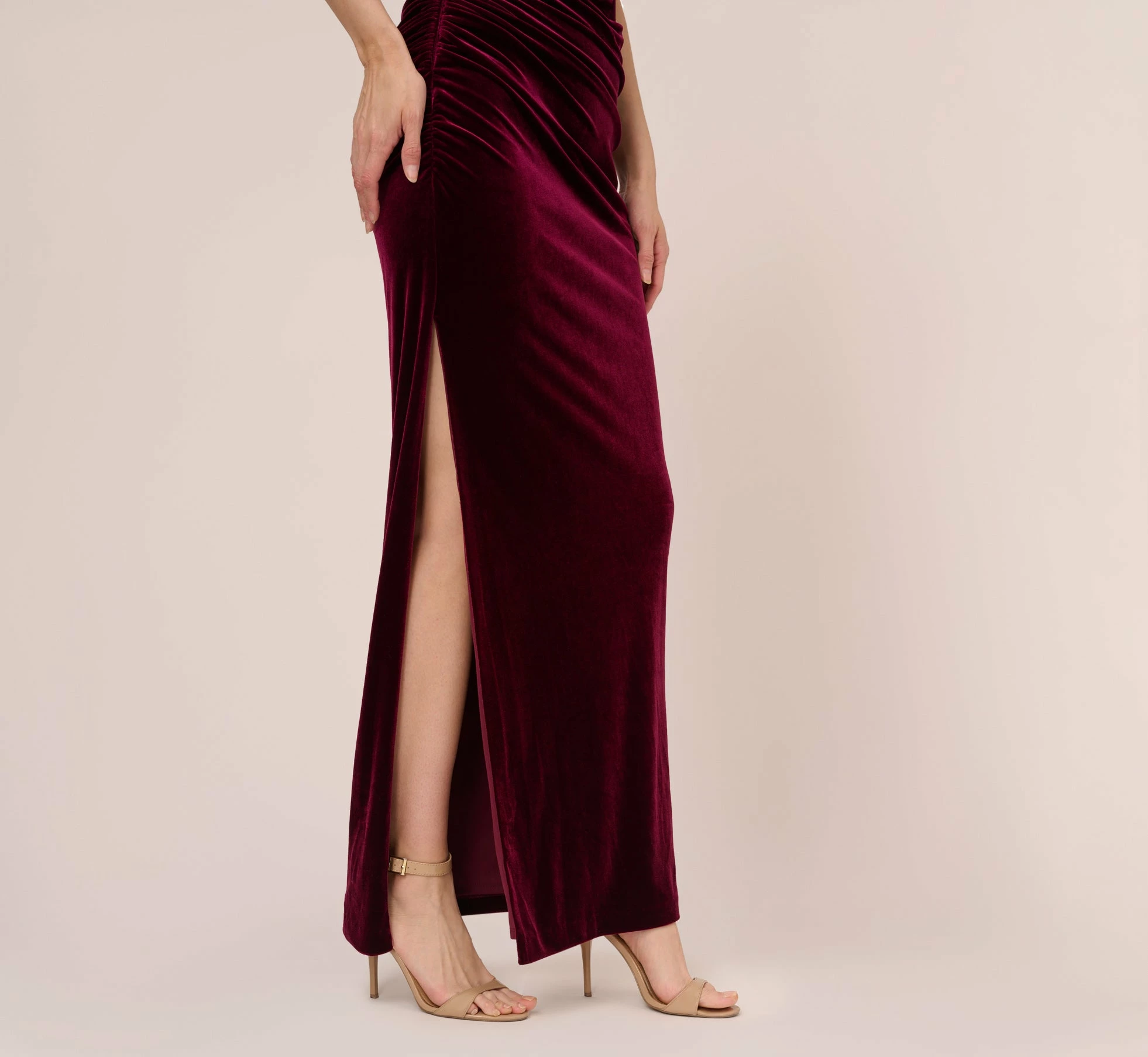 Adrianna Papell Velvet One Shoulder Gown With Beaded Neckline In Burgundy 5 Adrianna Papell Velvet One Shoulder Gown With Beaded Neckline In Burgundy - Image 5
