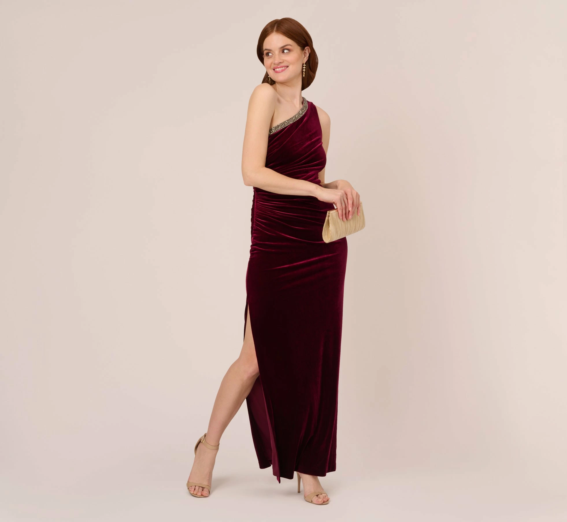 Adrianna Papell Velvet One Shoulder Gown With Beaded Neckline In Burgundy 2 Adrianna Papell Velvet One Shoulder Gown With Beaded Neckline In Burgundy - Image 2