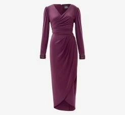 Adrianna Papell Jersey Midi-Length Wrap Dress With Beaded Cuff In Rich Shiraz -Adrianna Papell Shop AP1E210005 AC505 Regular Flat