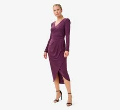 Adrianna Papell Jersey Midi-Length Wrap Dress With Beaded Cuff In Rich Shiraz -Adrianna Papell Shop AP1E210005 AC505 Regular Side