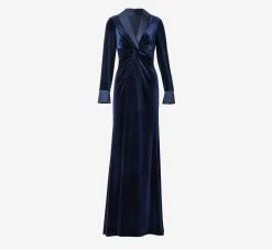Adrianna Papell Velvet And Charmeuse Twist Front Long Tuxedo Gown In Midnight -Adrianna Papell Shop AP1E210007 AB411 Regular Flat