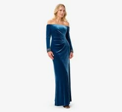Adrianna Papell Velvet Off-The-Shoulder Long Gown With Hand-Beaded Cuff In Ocean Wave 7 Adrianna Papell Velvet Off-The-Shoulder Long Gown With Hand-Beaded Cuff In Ocean Wave -Adrianna Papell Shop AP1E210008 AU473 Regular Alternate