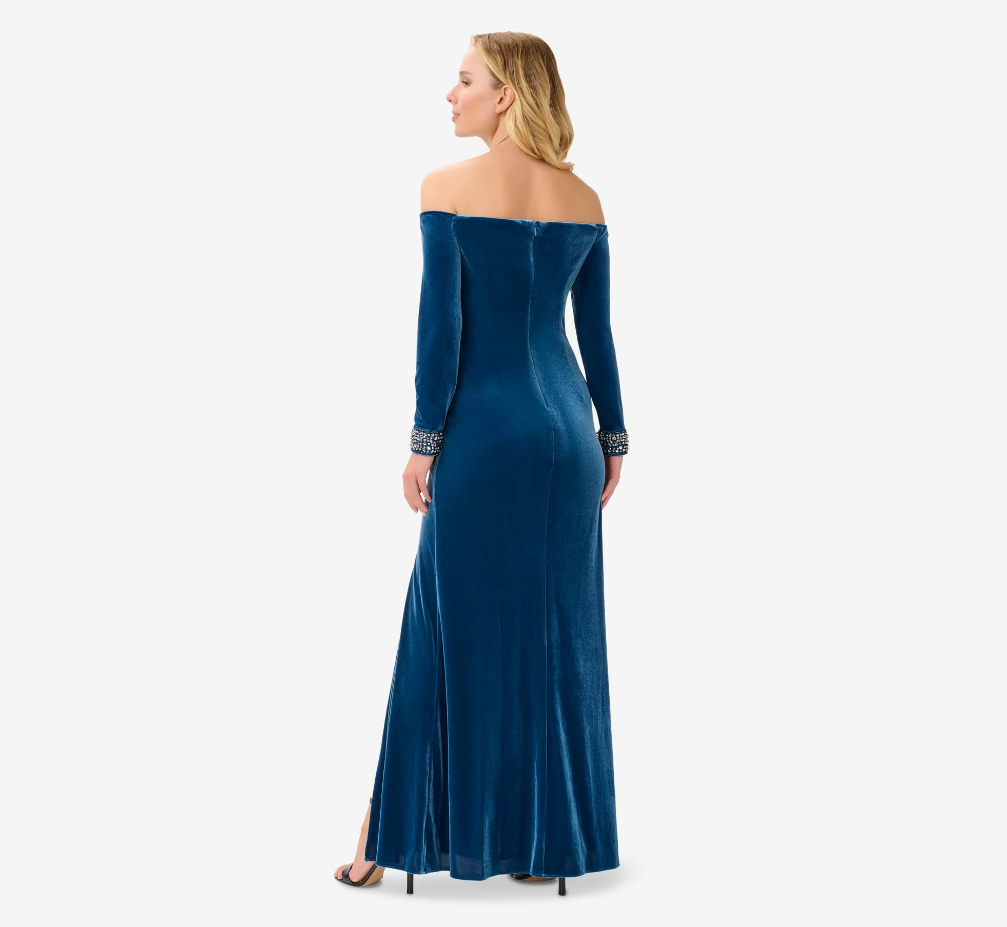 Adrianna Papell Velvet Off-The-Shoulder Long Gown With Hand-Beaded Cuff In Ocean Wave 2 Adrianna Papell Velvet Off-The-Shoulder Long Gown With Hand-Beaded Cuff In Ocean Wave - Image 2