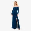 Adrianna Papell Velvet Off-The-Shoulder Long Gown With Hand-Beaded Cuff In Ocean Wave