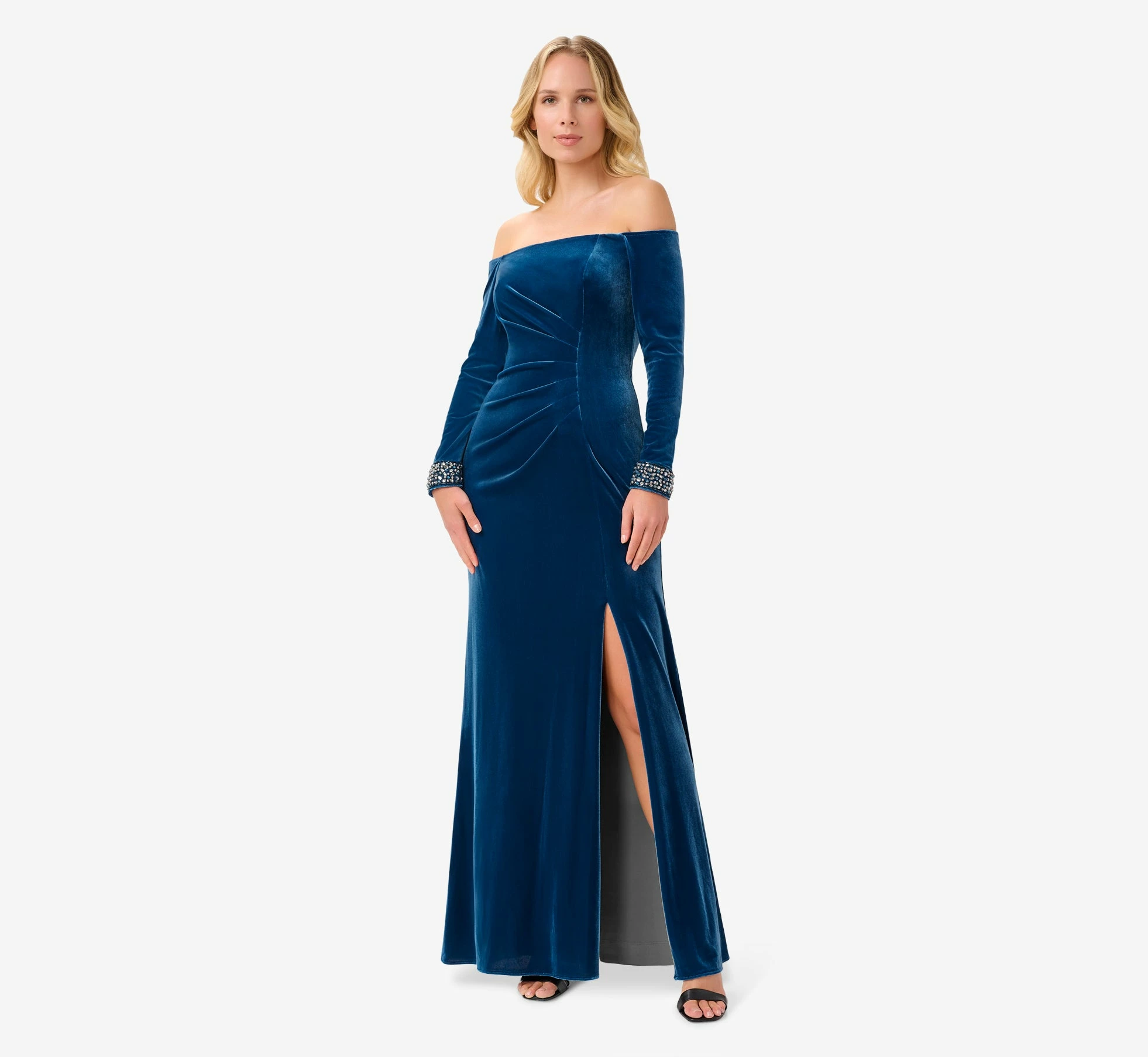 Adrianna Papell Velvet Off-The-Shoulder Long Gown With Hand-Beaded Cuff In Ocean Wave 1 Adrianna Papell Velvet Off-The-Shoulder Long Gown With Hand-Beaded Cuff In Ocean Wave