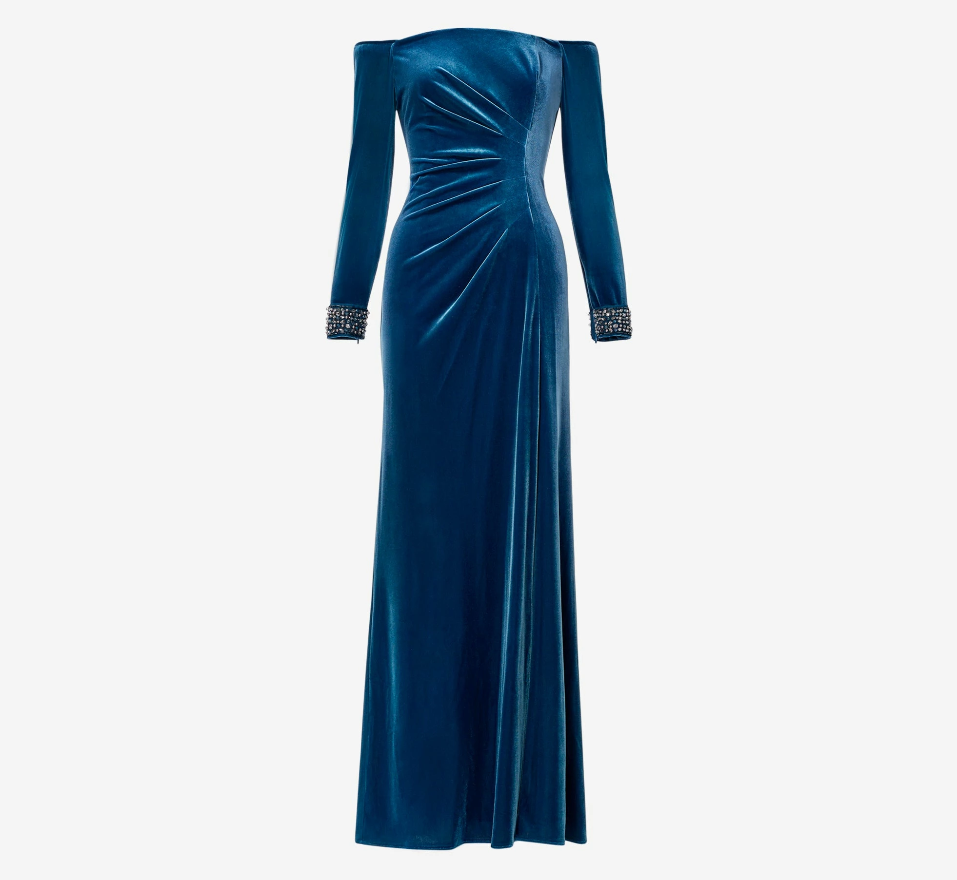 Adrianna Papell Velvet Off-The-Shoulder Long Gown With Hand-Beaded Cuff In Ocean Wave 4 Adrianna Papell Velvet Off-The-Shoulder Long Gown With Hand-Beaded Cuff In Ocean Wave - Image 4