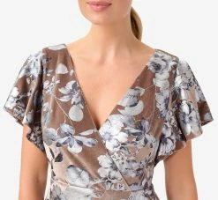 Adrianna Papell Foil Floral-Print Velvet Long Gown In Taupe -Adrianna Papell Shop AP1E210012 AA254 Regular Detail