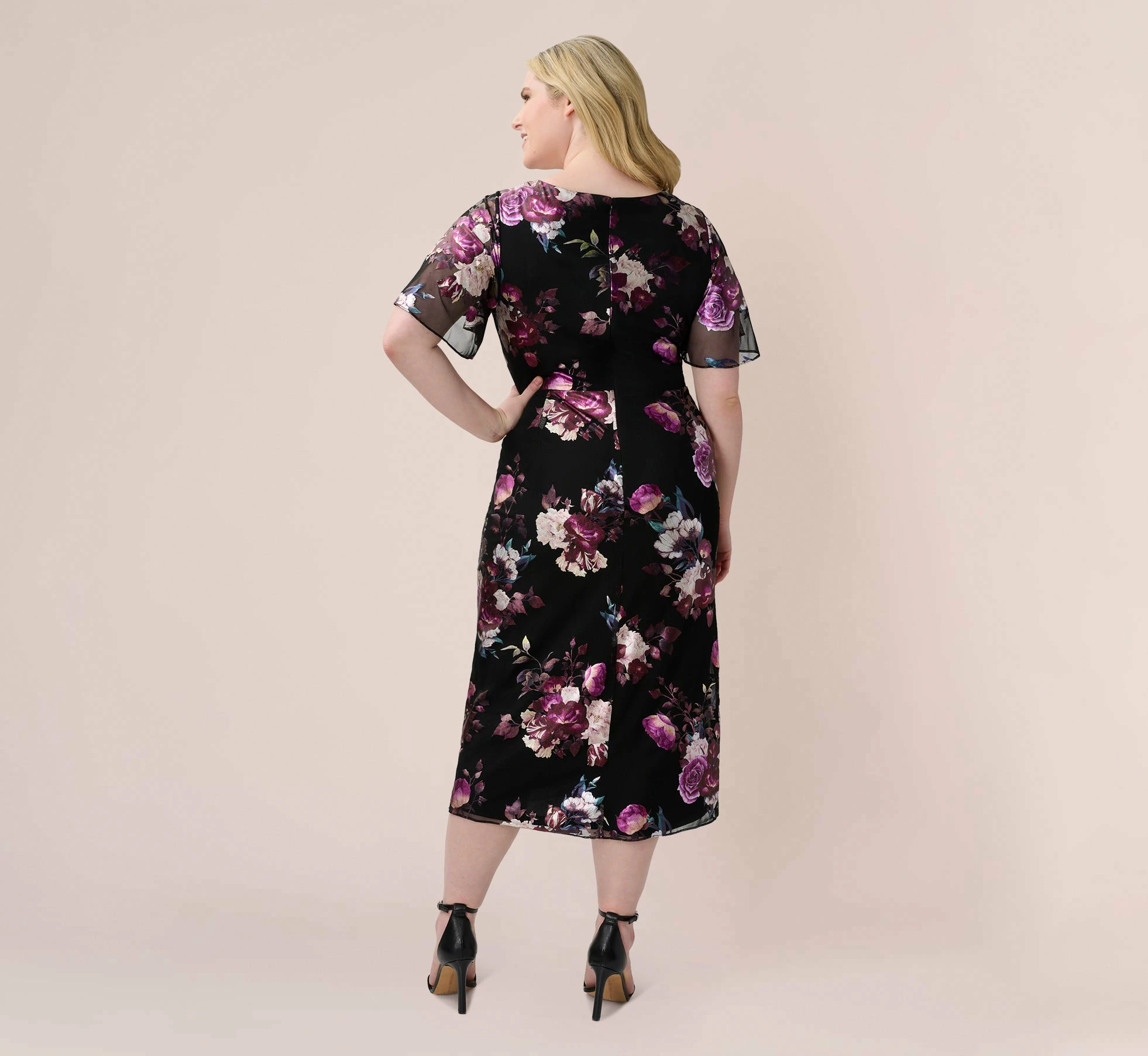 Adrianna Papell Plus Size Foiled Floral-Print Mesh Midi-Length Cocktail Dress In Black Multi 2 Adrianna Papell Plus Size Foiled Floral-Print Mesh Midi-Length Cocktail Dress In Black Multi - Image 2