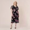 Adrianna Papell Plus Size Foiled Floral-Print Mesh Midi-Length Cocktail Dress In Black Multi