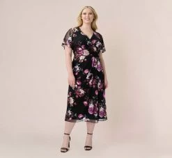 Adrianna Papell Plus Size Foiled Floral-Print Mesh Midi-Length Cocktail Dress In Black Multi
