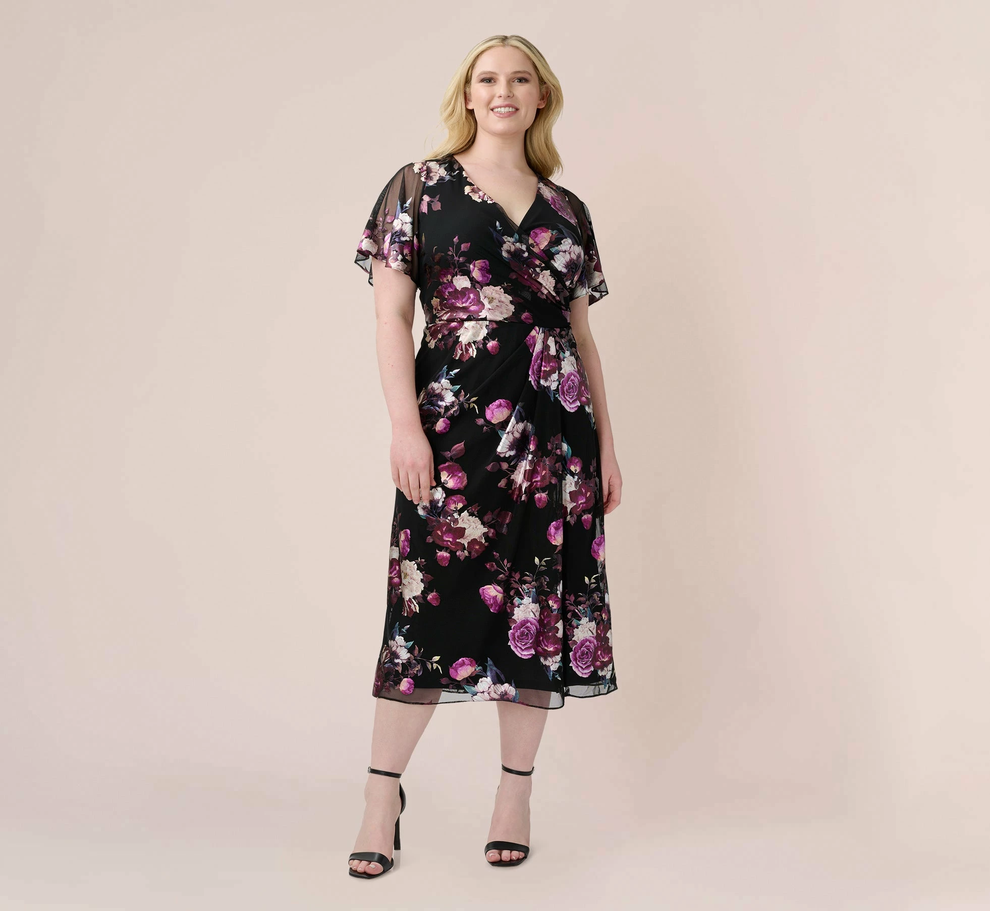 Adrianna Papell Plus Size Foiled Floral-Print Mesh Midi-Length Cocktail Dress In Black Multi 1 Adrianna Papell Plus Size Foiled Floral-Print Mesh Midi-Length Cocktail Dress In Black Multi