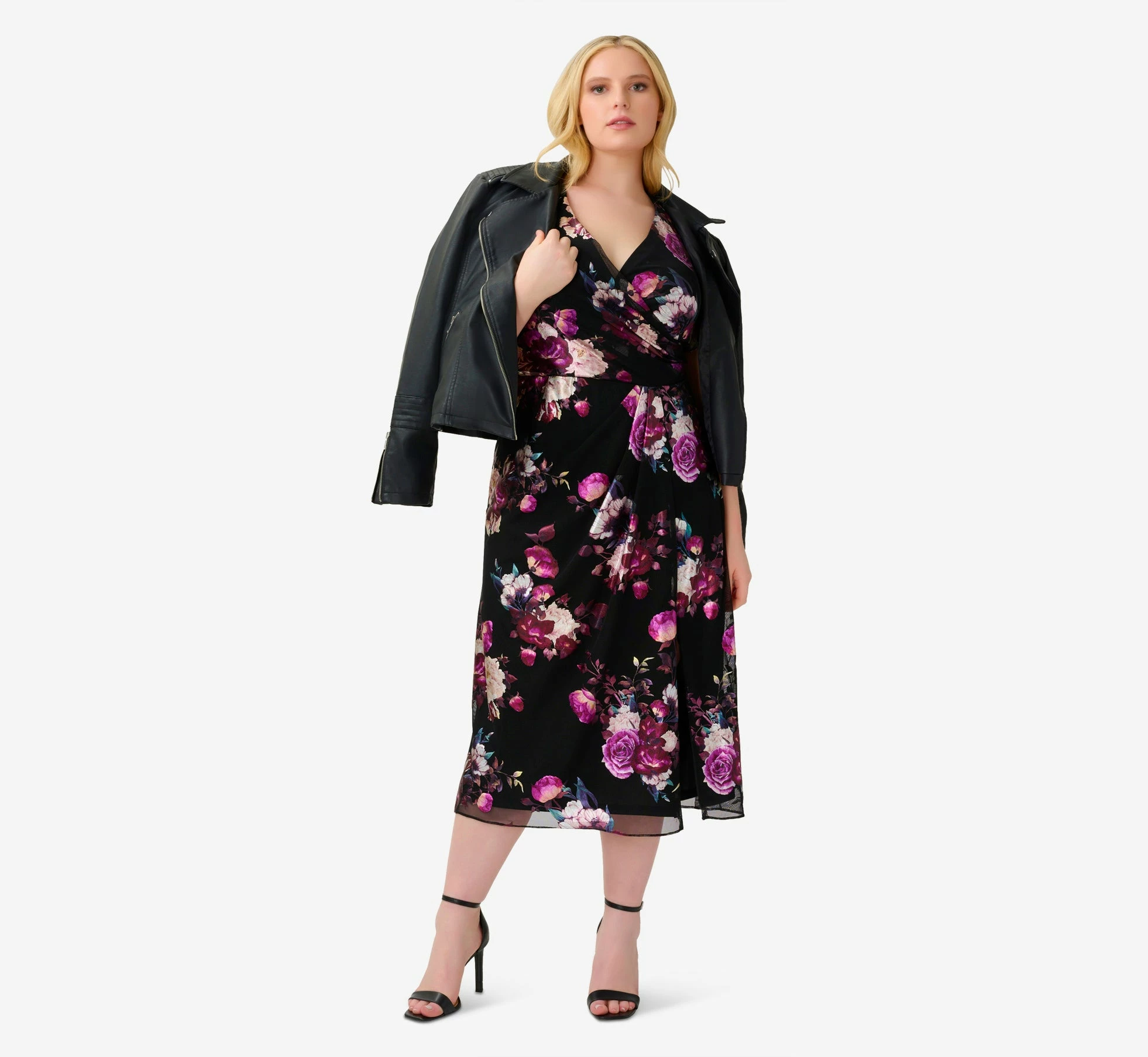 Adrianna Papell Plus Size Foiled Floral-Print Mesh Midi-Length Cocktail Dress In Black Multi 4 Adrianna Papell Plus Size Foiled Floral-Print Mesh Midi-Length Cocktail Dress In Black Multi - Image 4
