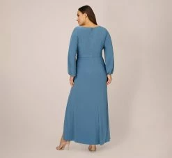 Adrianna Papell Plus Size Jersey Faux Wrap Gown With Cascading Ruffle And Slit In Bluebird 5 Adrianna Papell Plus Size Jersey Faux Wrap Gown With Cascading Ruffle And Slit In Bluebird -Adrianna Papell Shop AP1E210017 AB463 Plus Back