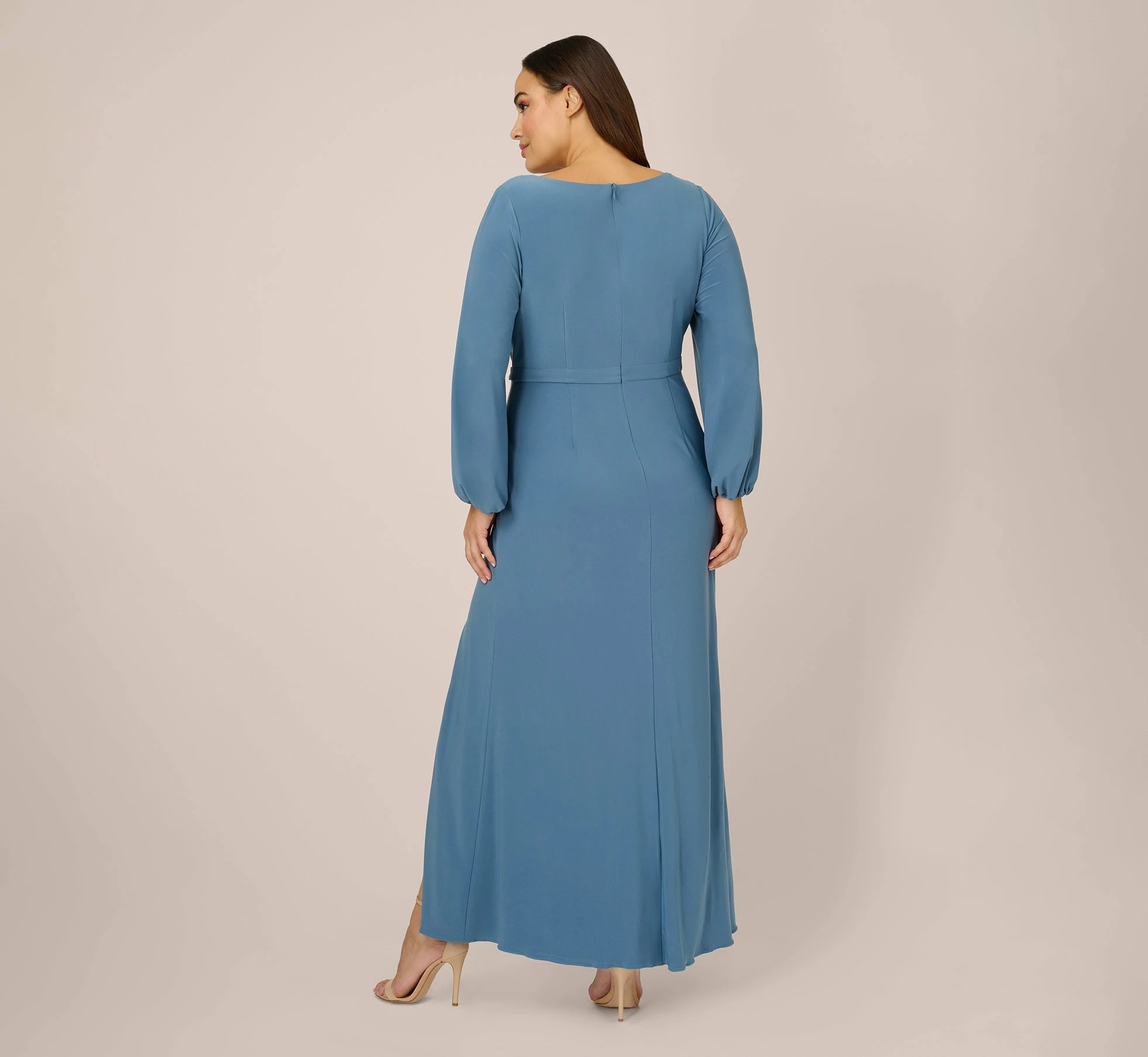 Adrianna Papell Plus Size Jersey Faux Wrap Gown With Cascading Ruffle And Slit In Bluebird 3 Adrianna Papell Plus Size Jersey Faux Wrap Gown With Cascading Ruffle And Slit In Bluebird - Image 3
