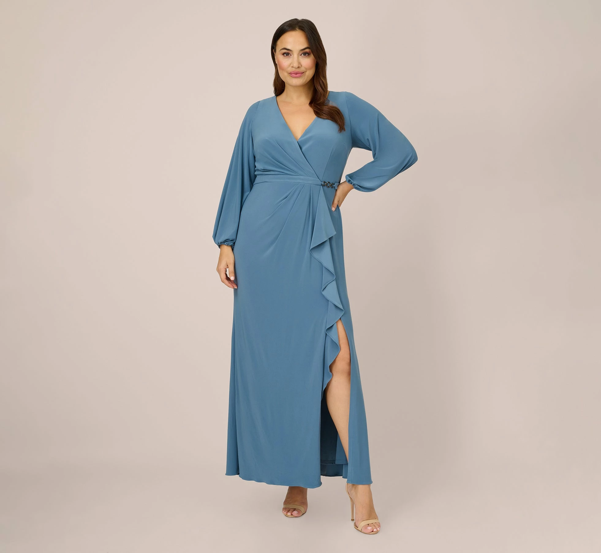 Adrianna Papell Plus Size Jersey Faux Wrap Gown With Cascading Ruffle And Slit In Bluebird 1 Adrianna Papell Plus Size Jersey Faux Wrap Gown With Cascading Ruffle And Slit In Bluebird