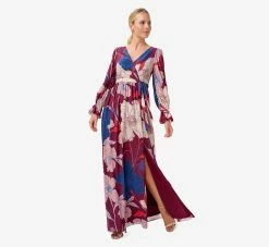 Adrianna Papell Floral-Print Faux Wrap Long Chiffon Gown In Burgundy Multi -Adrianna Papell Shop AP1E210044 AH940 Regular Alternate