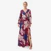 Adrianna Papell Floral-Print Faux Wrap Long Chiffon Gown In Burgundy Multi