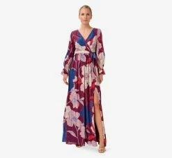 Adrianna Papell Floral-Print Faux Wrap Long Chiffon Gown In Burgundy Multi