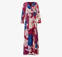 Adrianna Papell Floral-Print Faux Wrap Long Chiffon Gown In Burgundy Multi -Adrianna Papell Shop AP1E210044 AH940 Regular Flat