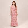 Adrianna Papell Floral-Print And Hand-Beaded Mesh Long Gown In Blush Multi