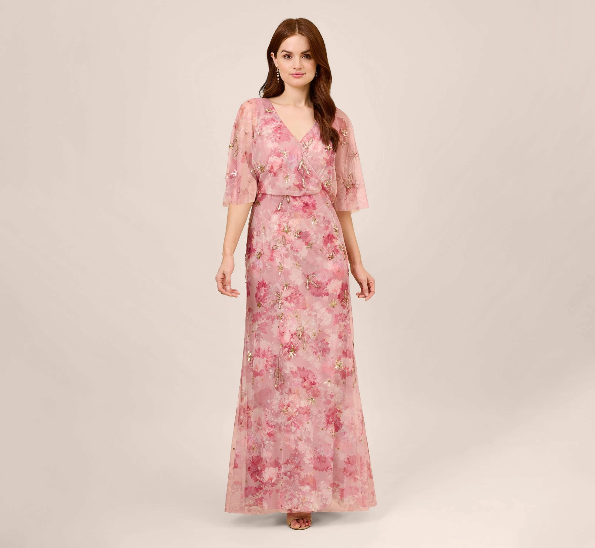 Adrianna Papell Floral-Print And Hand-Beaded Mesh Long Gown In Blush Multi 1 Adrianna Papell Floral-Print And Hand-Beaded Mesh Long Gown In Blush Multi