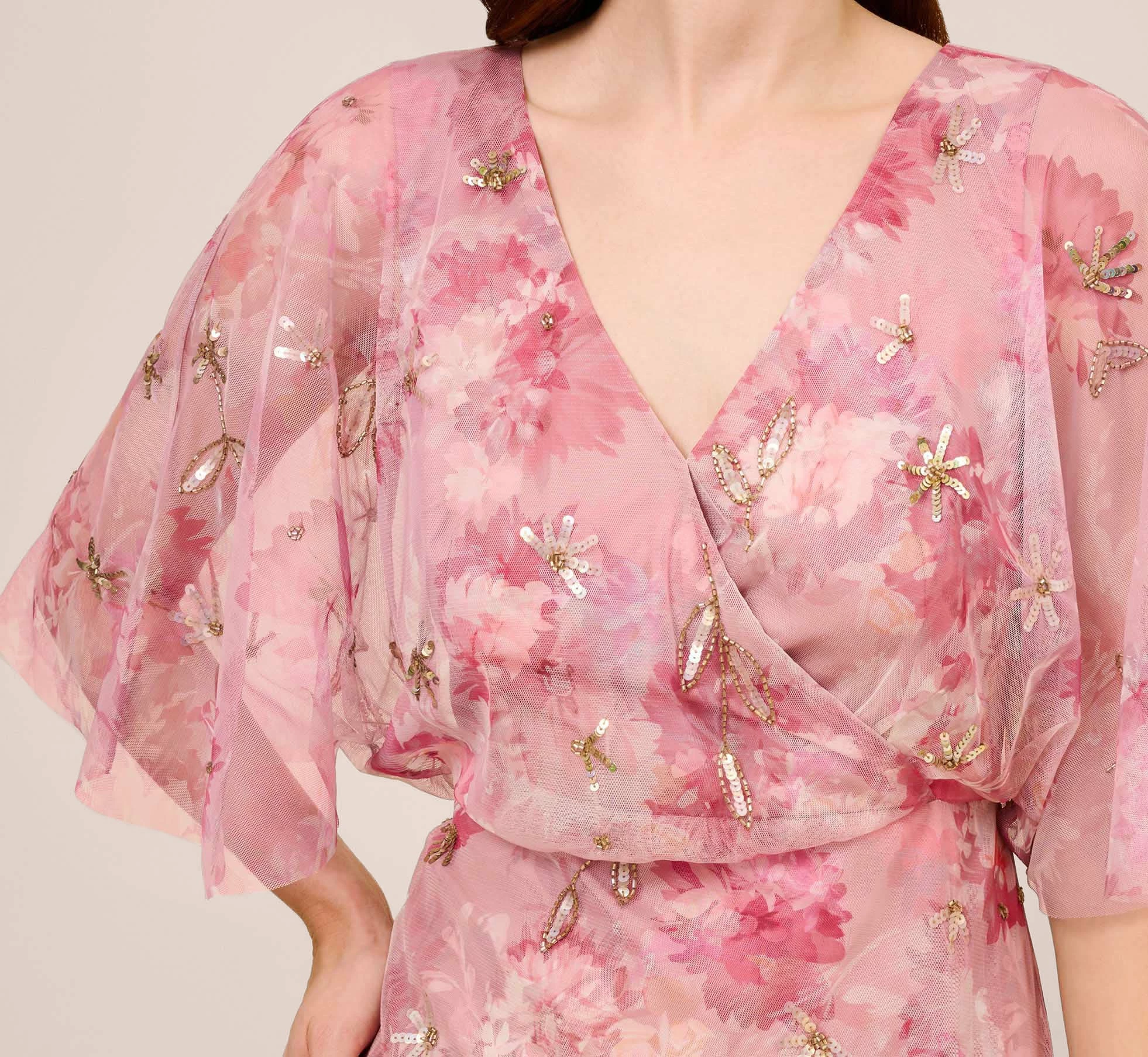 Adrianna Papell Floral-Print And Hand-Beaded Mesh Long Gown In Blush Multi 3 Adrianna Papell Floral-Print And Hand-Beaded Mesh Long Gown In Blush Multi - Image 3