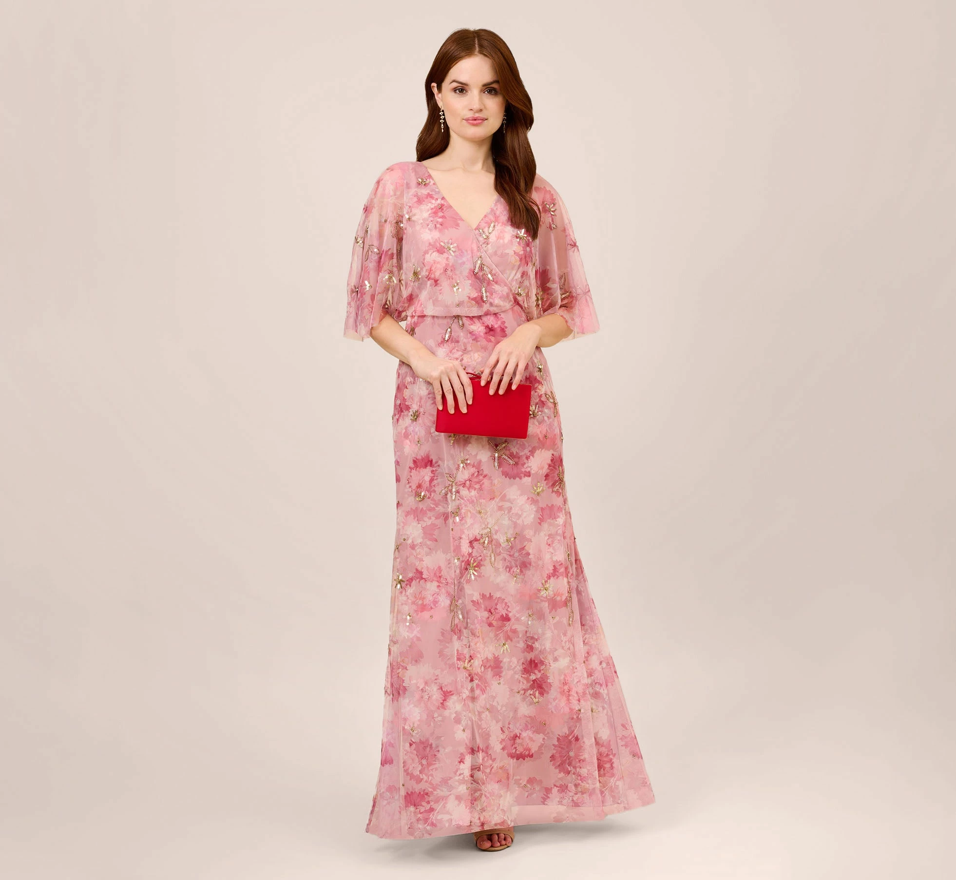 Adrianna Papell Floral-Print And Hand-Beaded Mesh Long Gown In Blush Multi 2 Adrianna Papell Floral-Print And Hand-Beaded Mesh Long Gown In Blush Multi - Image 2
