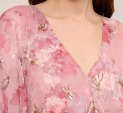 Adrianna Papell Floral-Print And Hand-Beaded Mesh Long Gown In Blush Multi 11 Adrianna Papell Floral-Print And Hand-Beaded Mesh Long Gown In Blush Multi -Adrianna Papell Shop AP1E210055 AM970 Regular Side