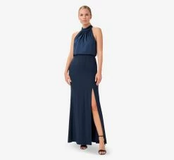 Adrianna Papell Satin Crepe Blouson Halter Long Gown In Dark Navy