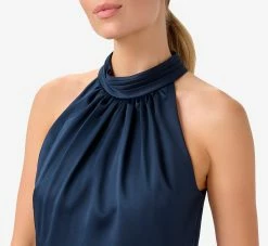 Adrianna Papell Satin Crepe Blouson Halter Long Gown In Dark Navy -Adrianna Papell Shop AP1E210064 AB010 Regular Detail