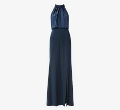Adrianna Papell Satin Crepe Blouson Halter Long Gown In Dark Navy -Adrianna Papell Shop AP1E210064 AB010 Regular Flat