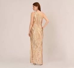 Adrianna Papell One Shoulder Abstract Sequin Gown In Champagne Gold Multi -Adrianna Papell Shop AP1E210092 AR298 Regular Back