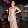 Adrianna Papell One Shoulder Abstract Sequin Gown In Champagne Gold Multi