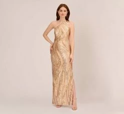 Adrianna Papell One Shoulder Abstract Sequin Gown In Champagne Gold Multi -Adrianna Papell Shop AP1E210092 AR298 Regular Default