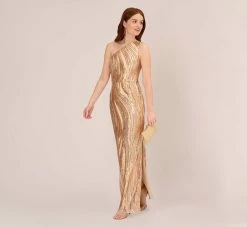 Adrianna Papell One Shoulder Abstract Sequin Gown In Champagne Gold Multi -Adrianna Papell Shop AP1E210092 AR298 Regular Side