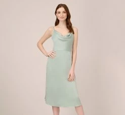Adrianna Papell Satin Midi-Length Fit-And-Flare Cocktail Dress With Cowl Neck In Willow