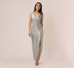 Adrianna Papell Foiled Stretch Jersey Long Column Gown In Light Gold