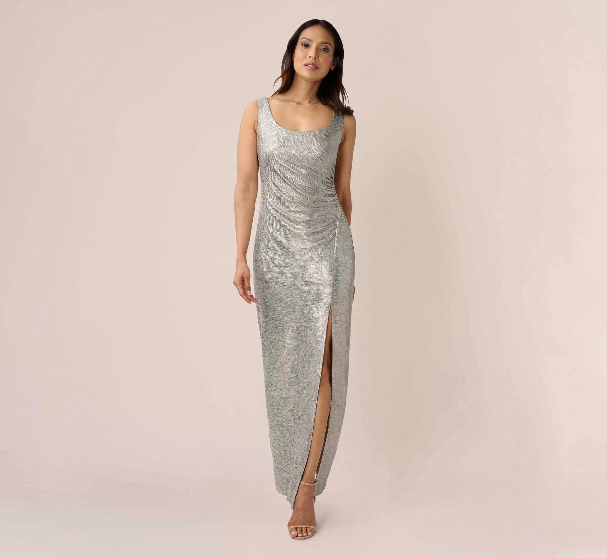 Adrianna Papell Foiled Stretch Jersey Long Column Gown In Light Gold 1 Adrianna Papell Foiled Stretch Jersey Long Column Gown In Light Gold