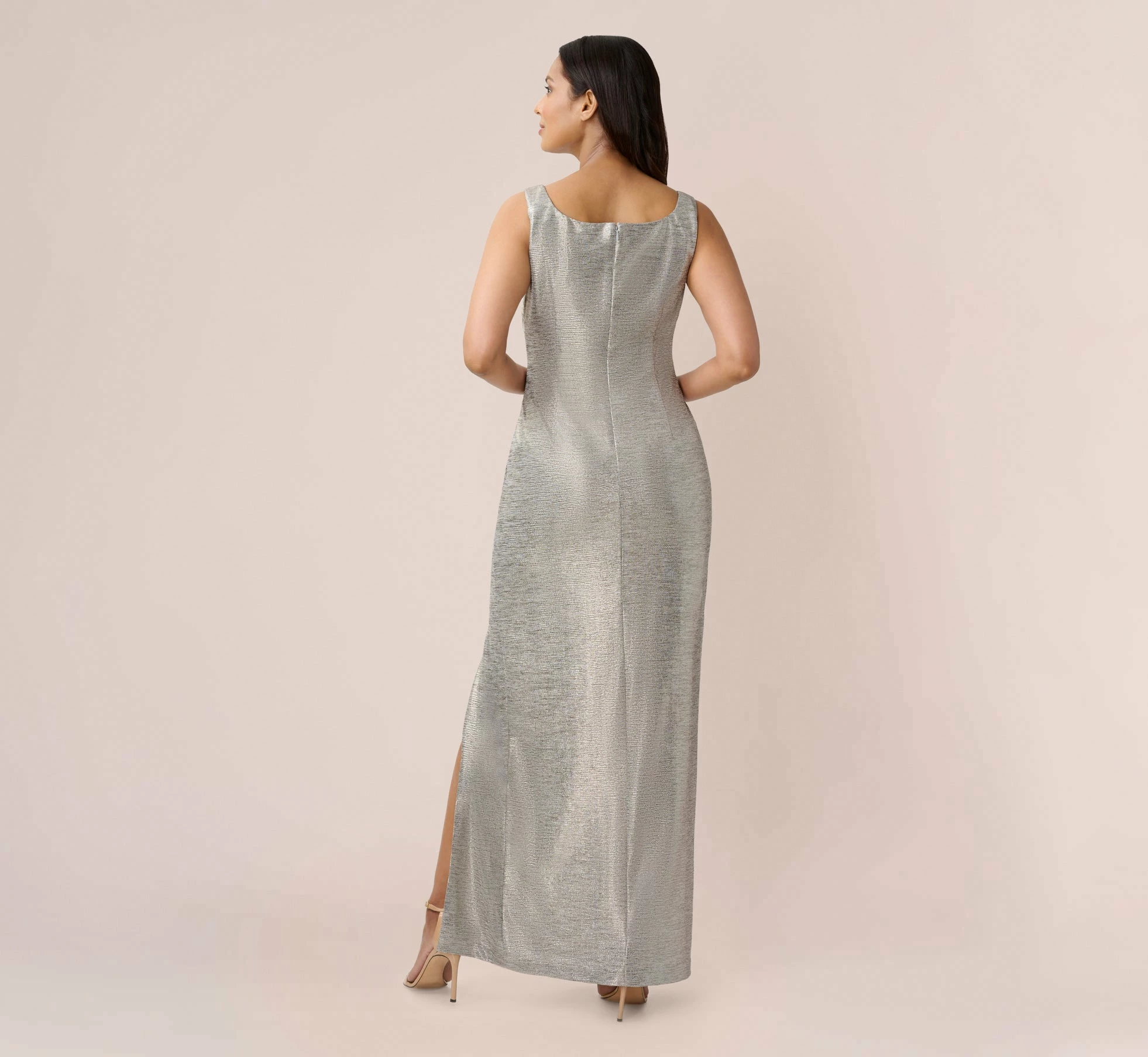 Adrianna Papell Foiled Stretch Jersey Long Column Gown In Light Gold 4 Adrianna Papell Foiled Stretch Jersey Long Column Gown In Light Gold - Image 4