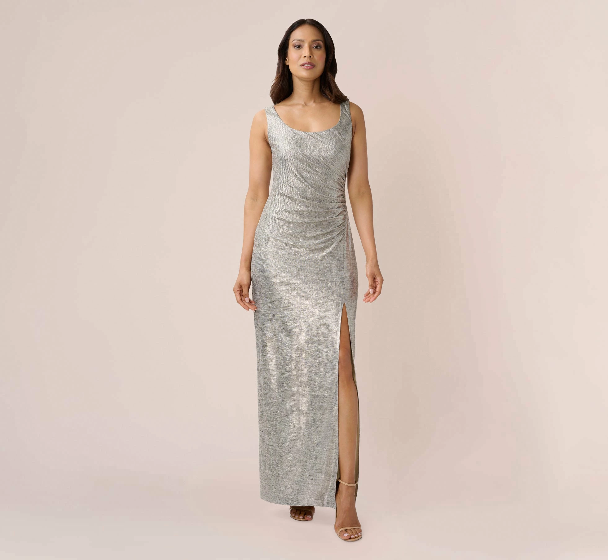 Adrianna Papell Foiled Stretch Jersey Long Column Gown In Light Gold 2 Adrianna Papell Foiled Stretch Jersey Long Column Gown In Light Gold - Image 2
