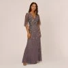 Adrianna Papell Sequin Beaded Gown With Sheer Cape Sleeves In Moonscape