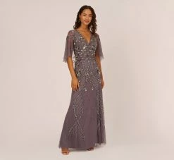 Adrianna Papell Sequin Beaded Gown With Sheer Cape Sleeves In Moonscape