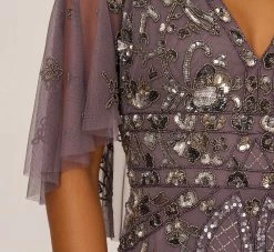 Adrianna Papell Sequin Beaded Gown With Sheer Cape Sleeves In Moonscape -Adrianna Papell Shop AP1E210128 AD542 Regular Lifestyle