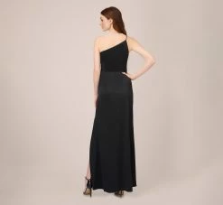 Adrianna Papell Satin Crepe One-Shoulder Long Gown In Black 5 Adrianna Papell Satin Crepe One-Shoulder Long Gown In Black -Adrianna Papell Shop AP1E210135 AA002 Regular Back