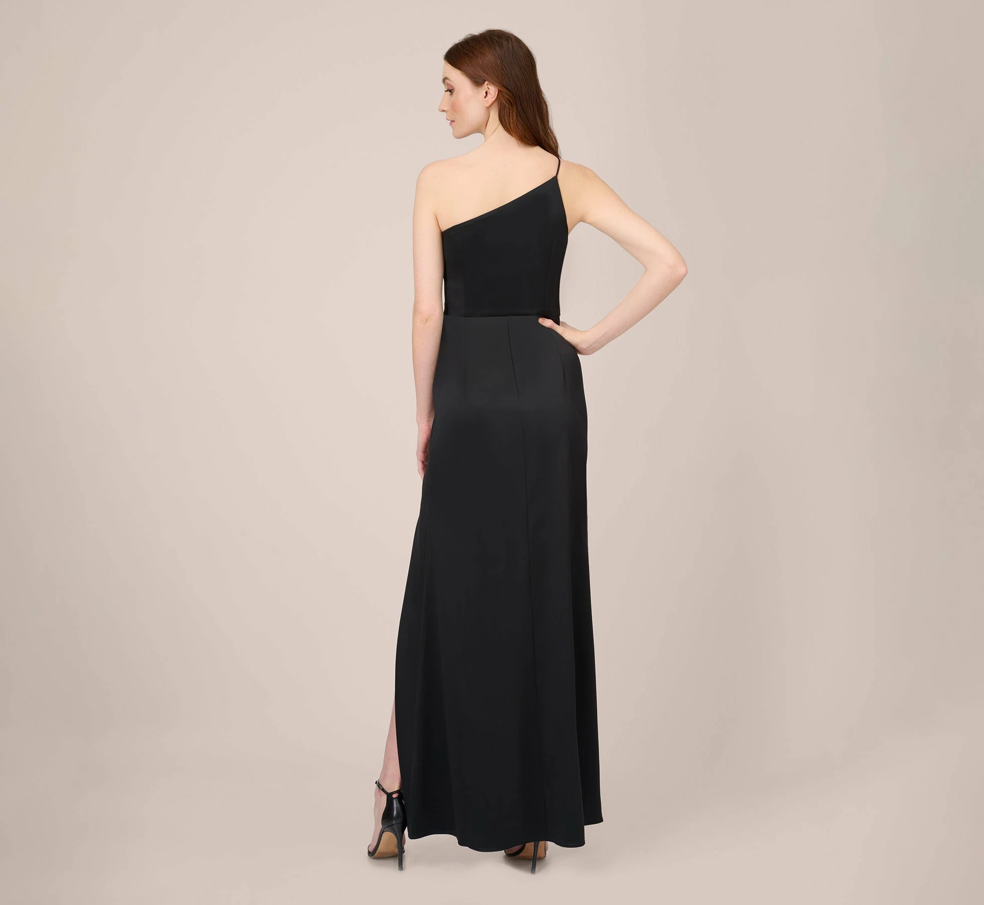 Adrianna Papell Satin Crepe One-Shoulder Long Gown In Black 3 Adrianna Papell Satin Crepe One-Shoulder Long Gown In Black - Image 3