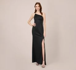 Adrianna Papell Satin Crepe One-Shoulder Long Gown In Black