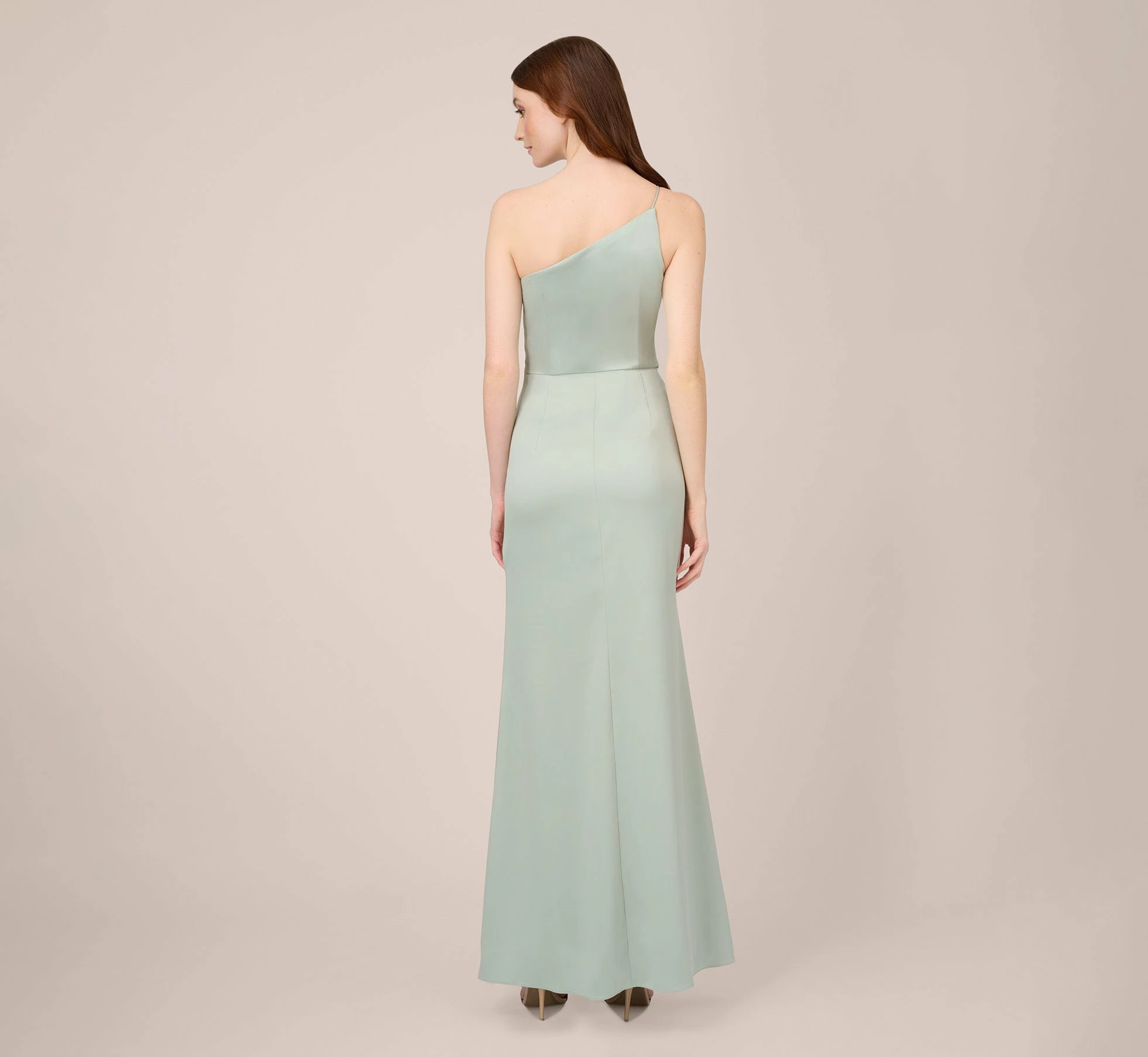 Adrianna Papell Satin Crepe One-Shoulder Long Gown In Willow 3 Adrianna Papell Satin Crepe One-Shoulder Long Gown In Willow - Image 3
